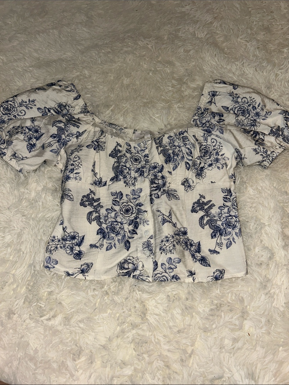 Floral Off-Shoulder Peasant Top - White & Navy